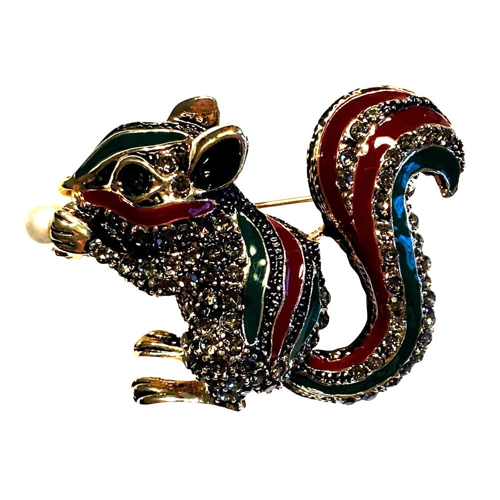 Novelty Squirrel brooch gold with red & green enamel rhinestones & faux pearl
